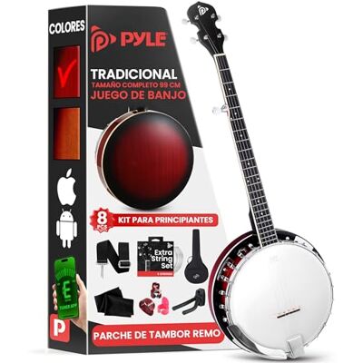 Pyle banjolele kit, Banjo, Remo head, Resonador de sapele, 39”, Tamaño tradicional, 5 cuerdas, Afinador engranado Pyle banjolele kit, Banjo, Remo head, Resonador de sapele, 39”, Tamaño tradicional, 5 cuerdas, Afinador engranado