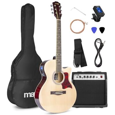MAX Guitarra electroacústica madera clara con amplificador extra Pack con funda, afinador, correa, 2 púas y cuerdas de acero de repuesto, para principiantes y aficionados MAX Guitarra electroacústica madera clara con amplificador extra Pack con funda, afinador, correa, 2 púas y cuerdas de acero de repuesto, para principiantes y aficionados