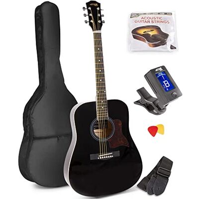 MAX Guitarra acústica negra para principiantes Guitarra acústica con sonido equilibrado para principiantes, incluye funda, afinador, púas, correa y cuerdas. MAX Guitarra acústica negra para principiantes Guitarra acústica con sonido equilibrado para principiantes, incluye funda, afinador, púas, correa y cuerdas.