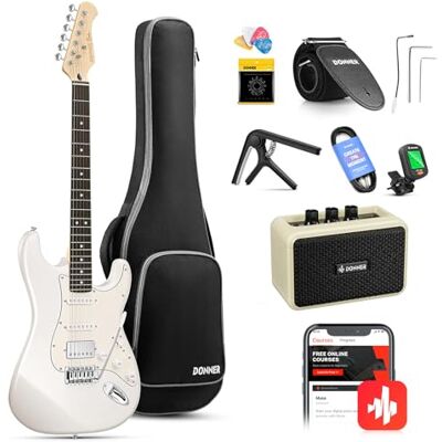 Donner Guitarra Electrica, Pack Guitarra Electrica de Tamaño Completo HSS Pickup Coil Split, Kit Guitarras Electricas Amplificador, Accesorios, DST-152W White Donner Guitarra Electrica, Pack Guitarra Electrica de Tamaño Completo HSS Pickup Coil Split, Kit Guitarras Electricas Amplificador, Accesorios, DST-152W White