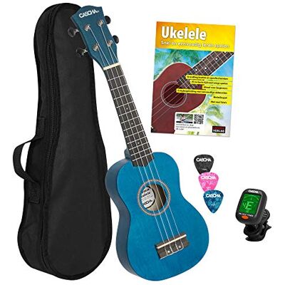 Cascha Set de ukelele soprano (incluye 3 púas, funda, libro de aprendizaje con afinador de DVD, cuerdas Aquila, nailon, guitarra Hawaii pequeña), color azul Cascha Set de ukelele soprano (incluye 3 púas, funda, libro de aprendizaje con afinador de DVD, cuerdas Aquila, nailon, guitarra Hawaii pequeña), color azul