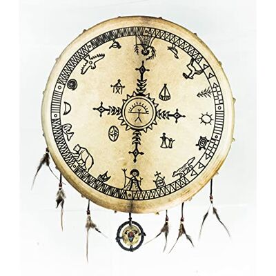 Terré Tambor de chamán de 50 cm, estilo saami, diseño espiritual serigrafiado en piel de vacuno, más adornos de plumas para decoración y mazo Terré Tambor de chamán de 50 cm, estilo saami, diseño espiritual serigrafiado en piel de vacuno, más adornos de plumas para decoración y mazo