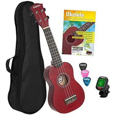 Cascha Set de ukelele soprano (incluye 3 púas, funda, libro de aprendizaje con afinador de DVD, cuerdas Aquila, nailon, guitarra Hawaii pequeña), color rojo Cascha Set de ukelele soprano (incluye 3 púas, funda, libro de aprendizaje con afinador de DVD, cuerdas Aquila, nailon, guitarra Hawaii pequeña), color rojo