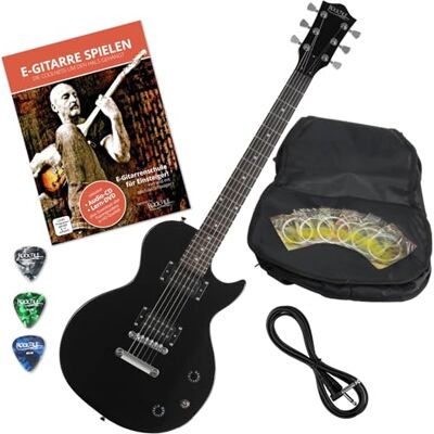 ROCKTILE L-100 BL Guitarra Eléctrica Black Set con Accesorios, Cuerpo: tilo Modelo Single Cut, Mástil: arce atornillado, 2x pastillas humbucker, 22 trastes medium, Diapasón de palisandro, Largo: 980 mm ROCKTILE L-100 BL Guitarra Eléctrica Black Set con Accesorios, Cuerpo: tilo Modelo Single Cut, Mástil: arce atornillado, 2x pastillas humbucker, 22 trastes medium, Diapasón de palisandro, Largo: 980 mm