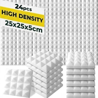 Arrowzoom 24 Paneles Acústicos 25x25x5cm Espuma Absorbente Blanco Perla Espuma acústica de alta densidad para reducción de eco en estudio, gaming, podcast y oficina en casa Arrowzoom 24 Paneles Acústicos 25x25x5cm Espuma Absorbente Blanco Perla Espuma acústica de alta densidad para reducción de eco en estudio, gaming, podcast y oficina en casa
