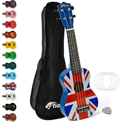 Tiger Ukelele soprano para principiantes con funda, diseño de bandera británica Tiger Ukelele soprano para principiantes con funda, diseño de bandera británica