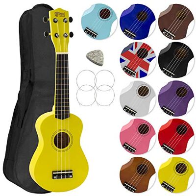 Mad About Tiger Ukelele soprano en amarillo, con estuche, púa y cuerdas de repuesto GRATIS, óptima para escuelas y principiantes Mad About Tiger Ukelele soprano en amarillo, con estuche, púa y cuerdas de repuesto GRATIS, óptima para escuelas y principiantes