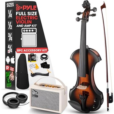 Pyle violin electrico, Silencioso, 4/4, De cuerda orquestral, Kit de amplificador, Madera maciza, Tamaño completo, Amplificador de 10W, Accesorios, Principiantes y profesionales Pyle violin electrico, Silencioso, 4/4, De cuerda orquestral, Kit de amplificador, Madera maciza, Tamaño completo, Amplificador de 10W, Accesorios, Principiantes y profesionales