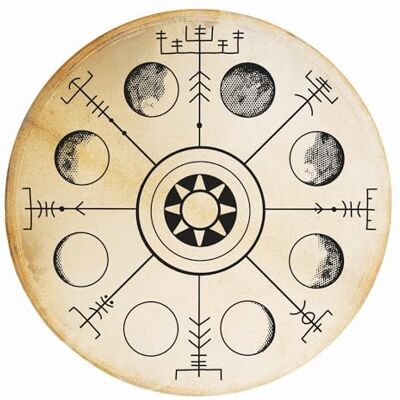 Terré Vegvísir Tambor de chamán (50 cm, serigrafiado espiritual sobre piel de cabra, plumas, adornos para adornos y mazorcas Terré Vegvísir Tambor de chamán (50 cm, serigrafiado espiritual sobre piel de cabra, plumas, adornos para adornos y mazorcas