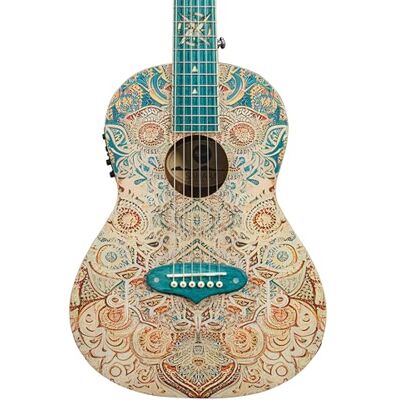 Lindo Sahara Guitarra de viaje electroacústica (tamaño 3/4) Incrustación de 12 trastes de estrella náutica, acabado de arte gráfico Lindo Sahara Guitarra de viaje electroacústica (tamaño 3/4) Incrustación de 12 trastes de estrella náutica, acabado de arte gráfico