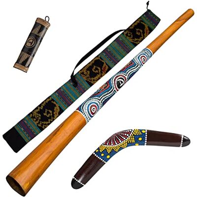 Australian Treasures Paquete ''Dreamtime'': didgeridoo de madera 130cm bolsa boomerang de madera 40cm palo de lluvia/agitador 20cm Australian Treasures Paquete ''Dreamtime'': didgeridoo de madera 130cm bolsa boomerang de madera 40cm palo de lluvia/agitador 20cm
