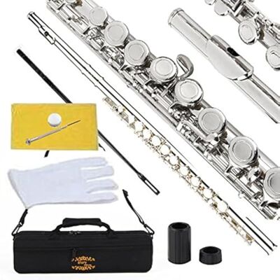 Glory Gloria cerrado agujero c flauta con funda, varilla de ajuste y paño, grasa conjunta y guantes, Nickel silver Glory Gloria cerrado agujero c flauta con funda, varilla de ajuste y paño, grasa conjunta y guantes, Nickel silver
