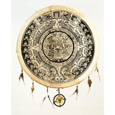 Terré Tambor de chamán de 60 cm estilo maya, diseño espiritual serigrafiado en piel de cabra y adornos de plumas para decoración y mazo Terré Tambor de chamán de 60 cm estilo maya, diseño espiritual serigrafiado en piel de cabra y adornos de plumas para decoración y mazo