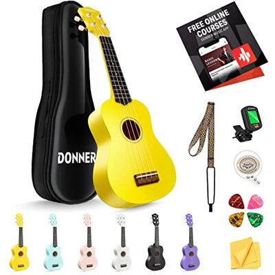 Donner Ukelele soprano 21 pulgadas para principiantes con acabado mate, kit con funda, correa, afinador, cuerdas, púas y paño de limpieza, incluye clases online gratuitas, color Amarillo Donner Ukelele soprano 21 pulgadas para principiantes con acabado mate, kit con funda, correa, afinador, cuerdas, púas y paño de limpieza, incluye clases online gratuitas, color Amarillo