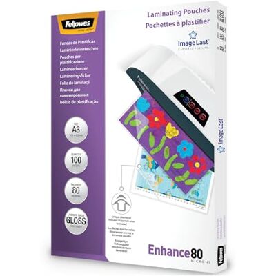 Fellowes pack de 100 fundas para plastificar A3, brillo, formato A3, 80 micras, acabado con flechas direccionales ImageLast, fundas para plastificadora ideales para fotos y avisos. Fellowes pack de 100 fundas para plastificar A3, brillo, formato A3, 80 micras, acabado con flechas direccionales ImageLast, fundas para plastificadora ideales para fotos y avisos.