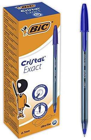 BIC Cristal Exact Bolígrafos, Óptimo para uso de oficina, casa y escolar, Punta fina (0,7 mm) - Azul, Caja de 20 Unidades.