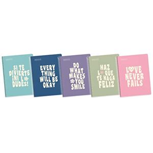 Miquelrius Pack 5 Cuadernos A4 Mensajes, Cuadriculado 5x5mm, 80 Hojas de 90 g/m², 1 Franja de Color, Espiral Microperforado, Tapa dura, Tamaño 210 x 297 mm y 4 Taladros para 4 anillas Miquelrius Pack 5 Cuadernos A4 Mensajes, Cuadriculado 5x5mm, 80 Hojas de 90 g/m², 1 Franja de Color, Espiral Microperforado, Tapa dura, Tamaño 210 x 297 mm y 4 Taladros para 4 anillas