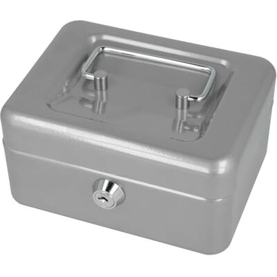 Westcott Caja de efectivo con cerradura (compacta, 15 cm) plata Caja con cerradura de chapa de acero con 2 llaves Inserto extraíble para monedas con 6 compartimentos Westcott Caja de efectivo con cerradura (compacta, 15 cm) plata Caja con cerradura de chapa de acero con 2 llaves Inserto extraíble para monedas con 6 compartimentos