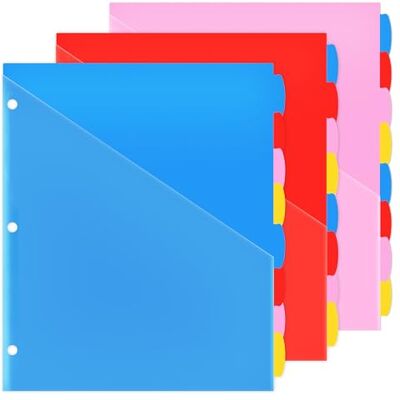 WOT I Divisores de carpeta de 8 pestañas con bolsillo frontal transparente, 3 juegos, separadores de bolsillo de plástico reutilizables para carpeta de 3 anillos, 4 colores vibrantes, resistente al WOT I Divisores de carpeta de 8 pestañas con bolsillo frontal transparente, 3 juegos, separadores de bolsillo de plástico reutilizables para carpeta de 3 anillos, 4 colores vibrantes, resistente al