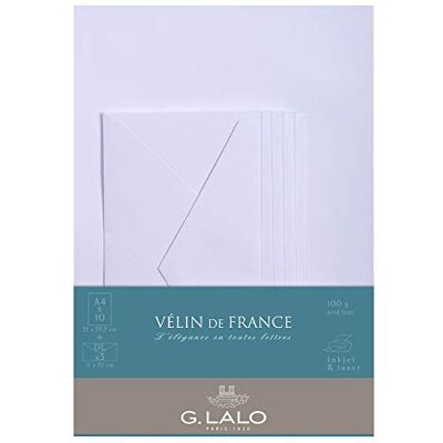 G. Lalo conjunto 10 hojas y 5 sobres vitela de Francia formato A4, 30 x 22.60 X 0.50 cm, color blanco G. Lalo conjunto 10 hojas y 5 sobres vitela de Francia formato A4, 30 x 22.60 X 0.50 cm, color blanco