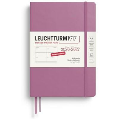 LEUCHTTURM1917 Agenda semanal 2027 mediana (A5) – alemán, Dusty Rose, tapa dura, 145 x 210 mm, 18 meses – 07. 2026 – 12/2027, 1 semana por página, papel de 80 g/m² con alta compatibilidad con tintas LEUCHTTURM1917 Agenda semanal 2027 mediana (A5) – alemán, Dusty Rose, tapa dura, 145 x 210 mm, 18 meses – 07. 2026 – 12/2027, 1 semana por página, papel de 80 g/m² con alta compatibilidad con tintas