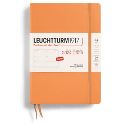 LEUCHTTURM1917 Agenda semanal 2025, tamaño mediano A5, tapa dura, planificador de 18 meses, a rayas, albaricoque, inglés LEUCHTTURM1917 Agenda semanal 2025, tamaño mediano A5, tapa dura, planificador de 18 meses, a rayas, albaricoque, inglés