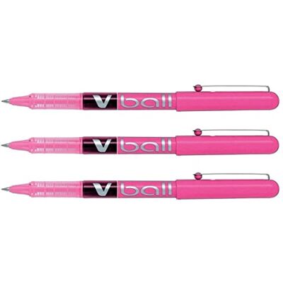PILOT V Ball VB5 Lote de 3 bolígrafos roller (tinta líquida, punta metálica, color rosa PILOT V Ball VB5 Lote de 3 bolígrafos roller (tinta líquida, punta metálica, color rosa