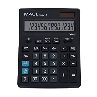 MAUL Calculadora Mesa MXL 14 Negra Pantalla Amplia Oficina lectura cómoda inclinada, teclas fáciles de limpiar, IVA y redondeo al instante, solar y pila para uso sin cable MAUL Calculadora Mesa MXL 14 Negra Pantalla Amplia Oficina lectura cómoda inclinada, teclas fáciles de limpiar, IVA y redondeo al instante, solar y pila para uso sin cable