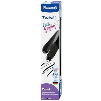 Pelikan Twist Calligraphy, Pluma Estilográfica Ergonómica, para Diestros y Zurdos, Ideal para Escribir y Dibujar, Plumín de 1,5 mm en Acero Inoxidable, Cartucho Azul Largo Incluido, Recargable, Negro Pelikan Twist Calligraphy, Pluma Estilográfica Ergonómica, para Diestros y Zurdos, Ideal para Escribir y Dibujar, Plumín de 1,5 mm en Acero Inoxidable, Cartucho Azul Largo Incluido, Recargable, Negro