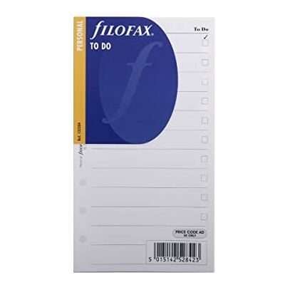 Filofax Personal To Do Recambio para agenda de anillas (20 hoja de tareas, en inglés, 171 x 95 mm, 70 gsm), color blanco con impresión en negro Filofax Personal To Do Recambio para agenda de anillas (20 hoja de tareas, en inglés, 171 x 95 mm, 70 gsm), color blanco con impresión en negro