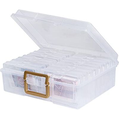 novelinks Caja de fotos de 10 x 15 cm, 16 cajas de almacenamiento interiores para fotos, organizador de fotos, caja de almacenamiento para fotos (mango dorado transparente) novelinks Caja de fotos de 10 x 15 cm, 16 cajas de almacenamiento interiores para fotos, organizador de fotos, caja de almacenamiento para fotos (mango dorado transparente)