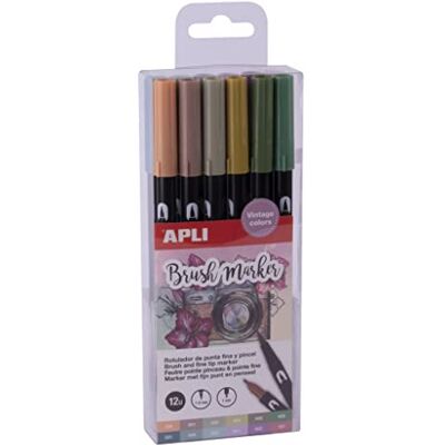 APLI Pack de 12 rotuladores acuarelables en colores Vintage Brush markers de doble punta (redonda de 1 mm y pincel de 1-4 mm) APLI Pack de 12 rotuladores acuarelables en colores Vintage Brush markers de doble punta (redonda de 1 mm y pincel de 1-4 mm)