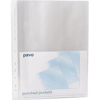 Pavo 100 fundas perforadas/Fundas multitaladro extra fuertes A4 de cristal transparente de 80 micras, PP Pavo 100 fundas perforadas/Fundas multitaladro extra fuertes A4 de cristal transparente de 80 micras, PP