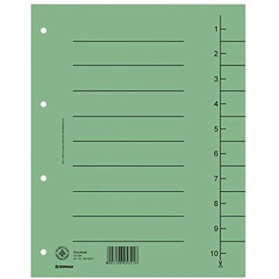 DONAU Lote de 100 divisores, color verde, cartón reciclado, 250 g/m², con impresión de líneas, para DIN A4, 4 divisores, índice DONAU Lote de 100 divisores, color verde, cartón reciclado, 250 g/m², con impresión de líneas, para DIN A4, 4 divisores, índice
