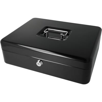 Westcott Caja de efectivo con cerradura (grande, 30 cm) negra Caja con cerradura de chapa de acero con 2 llaves Inserto extraíble para monedas con 5 compartimentos Westcott Caja de efectivo con cerradura (grande, 30 cm) negra Caja con cerradura de chapa de acero con 2 llaves Inserto extraíble para monedas con 5 compartimentos