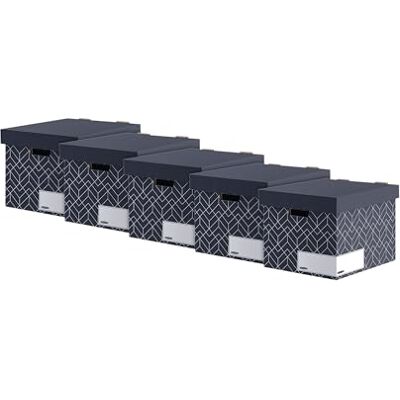 Bankers Box Caja de almacenamiento con tapa Décor para oficina y hogar estable con agujeros para el mango, de cartón ondulado 100% reciclado, color azul medianoche, 5 unidades Bankers Box Caja de almacenamiento con tapa Décor para oficina y hogar estable con agujeros para el mango, de cartón ondulado 100% reciclado, color azul medianoche, 5 unidades