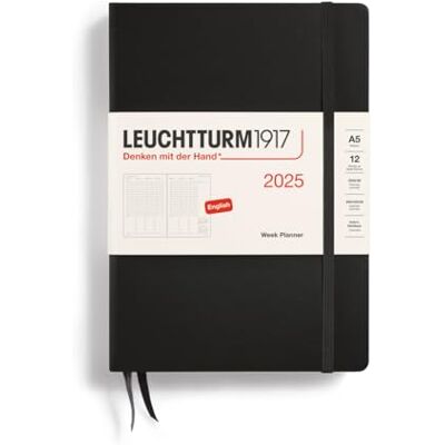 LEUCHTTURM1917 Agenda semanal 2025, tamaño mediano A5, tapa dura, calendario de 12 meses, a rayas, negro, inglés LEUCHTTURM1917 Agenda semanal 2025, tamaño mediano A5, tapa dura, calendario de 12 meses, a rayas, negro, inglés