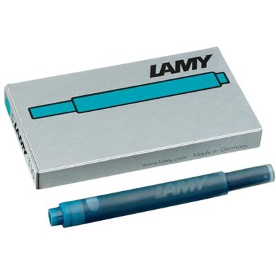 Lamy Cartuchos de tinta T10 con gran capacidad de tinta, aptos para todos los modelos de plumas estilográficas . Contenido: 1,25 ml por cartucho. 5 uds por paquete. Color de la tinta: turquesa Lamy Cartuchos de tinta T10 con gran capacidad de tinta, aptos para todos los modelos de plumas estilográficas . Contenido: 1,25 ml por cartucho. 5 uds por paquete. Color de la tinta: turquesa