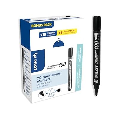 PILOT Caja de 20 SCA 100 Permanent Markers Rotuladores Permanentes Tinta Indeleble para Todas las Superficies Alta Cobertura y Gran Resistencia Negro Punta Cónica Fina PILOT Caja de 20 SCA 100 Permanent Markers Rotuladores Permanentes Tinta Indeleble para Todas las Superficies Alta Cobertura y Gran Resistencia Negro Punta Cónica Fina