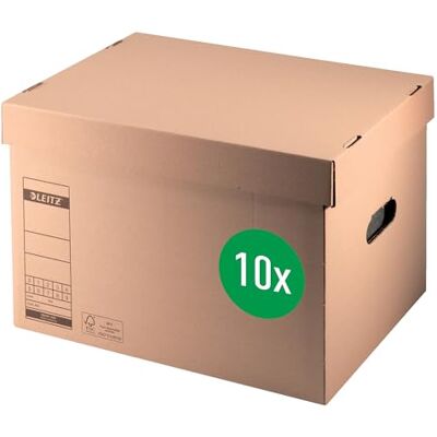 Leitz Caja de almacenamiento y transporte premium para 4 carpetas anchas o 7 estrechas A4 y más, caja de transporte con tapa, embalaje de cartón plegable, 100% reciclable, 10 unidades, marrón, Leitz Caja de almacenamiento y transporte premium para 4 carpetas anchas o 7 estrechas A4 y más, caja de transporte con tapa, embalaje de cartón plegable, 100% reciclable, 10 unidades, marrón,