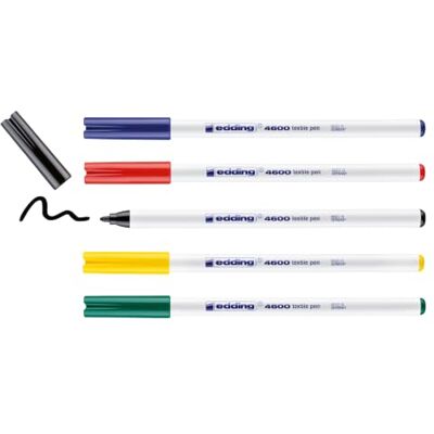 Edding 4600 Pack con 5 Rotuladores Textiles Punta Redonda de 1 mm Negro, Azul, Rojo, Verde, Amarillo Edding 4600 Pack con 5 Rotuladores Textiles Punta Redonda de 1 mm Negro, Azul, Rojo, Verde, Amarillo