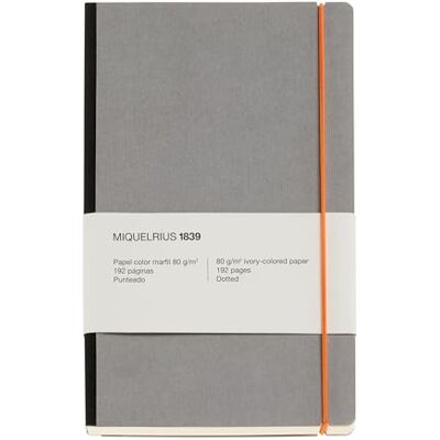 Miquelrius Cuaderno de notas A5 (130 x 210 mm), Cuaderno clásico con 96 hojas punteadas de 80 g/m², Papel marfil, Tapa de cartón texturizado y lomo tela, Cierre elástico, Colección Retro gris Miquelrius Cuaderno de notas A5 (130 x 210 mm), Cuaderno clásico con 96 hojas punteadas de 80 g/m², Papel marfil, Tapa de cartón texturizado y lomo tela, Cierre elástico, Colección Retro gris