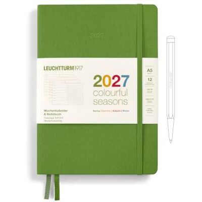 LEUCHTTURM1917 Calendario semanal y cuaderno Dotted Medium (A5) 2027, Colourful Seasons verde, tapa dura alemana, resumen del calendario 2026/2027/2028, vista general de planificación 01.27-12.28 LEUCHTTURM1917 Calendario semanal y cuaderno Dotted Medium (A5) 2027, Colourful Seasons verde, tapa dura alemana, resumen del calendario 2026/2027/2028, vista general de planificación 01.27-12.28