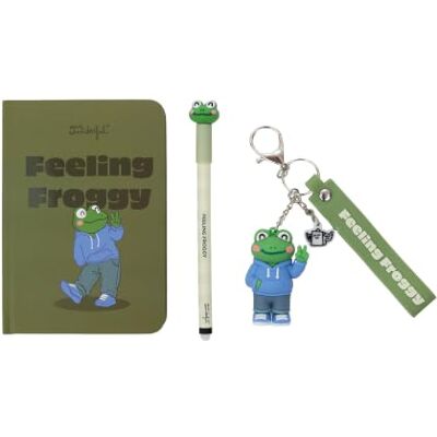 Mr. Wonderful Set de Escritura Bo-Bo Feeling Froggy Incluye libreta A6, bolígrafo borrable Bo-Bo de tinta azul y llavero a juego. Mr. Wonderful Set de Escritura Bo-Bo Feeling Froggy Incluye libreta A6, bolígrafo borrable Bo-Bo de tinta azul y llavero a juego.