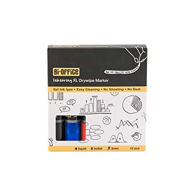 Bi-Office InkstringXL Rotulador para Pizarra Blanca de Tinta Gel con Punta de 3mm – Colores Rojo, Azul y Negro, Paquete de 12 Bi-Office InkstringXL Rotulador para Pizarra Blanca de Tinta Gel con Punta de 3mm – Colores Rojo, Azul y Negro, Paquete de 12