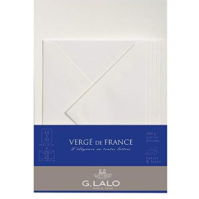 G. Lalo conjunto 10 hojas y 5 sobres Verge de France A5, 21.30 X 16.30 x 0.80 cm, color blanco G. Lalo conjunto 10 hojas y 5 sobres Verge de France A5, 21.30 X 16.30 x 0.80 cm, color blanco