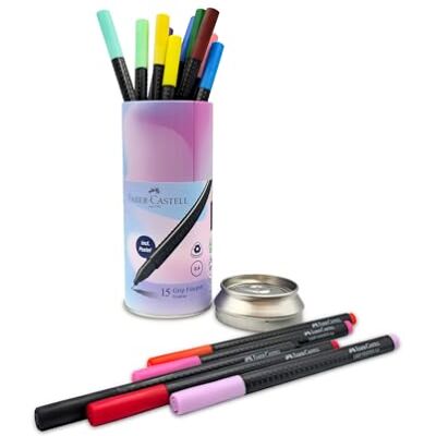 Faber-Castell Bote de Metal con 15 Rotuladores Grip FinePen 0,4 mm Faber-Castell Bote de Metal con 15 Rotuladores Grip FinePen 0,4 mm
