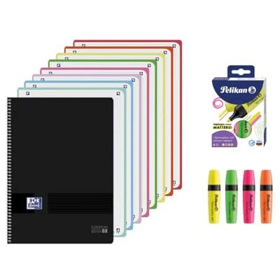Oxford , Cuaderno A4, 8 Bandas de Color, 160 Hojas Microperforadas 5x5, Tapa Plástico en Negro, Incluye 4 Subrayadores Pelikan Colores Neón Oxford , Cuaderno A4, 8 Bandas de Color, 160 Hojas Microperforadas 5x5, Tapa Plástico en Negro, Incluye 4 Subrayadores Pelikan Colores Neón