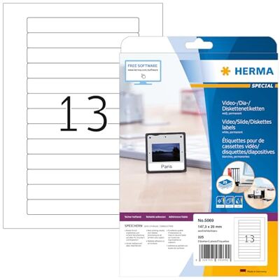 HERMA Etiquetas autoadhesivas de casete de vídeo, 13 etiquetas por hoja A4, 800 hojas, 147,3 x 20 mm, 10400 etiquetas, etiquetas adhesivas en blanco VHS para impresora láser y de inyección de HERMA Etiquetas autoadhesivas de casete de vídeo, 13 etiquetas por hoja A4, 800 hojas, 147,3 x 20 mm, 10400 etiquetas, etiquetas adhesivas en blanco VHS para impresora láser y de inyección de