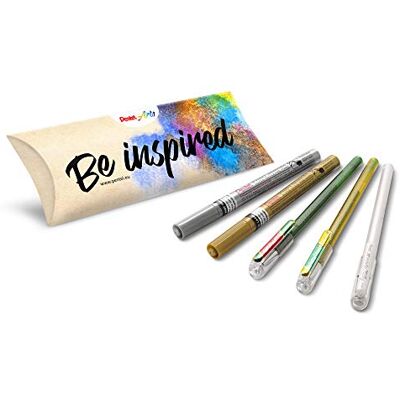 Pentel Arts Lote de 5 rotuladores de pintura metálica dorada y plateada, 2 rollers tinta de gel metálico verde, rojo metálico, amarillo y verde metálico, 1 bolígrafo de tinta de gel pastel blanco Pentel Arts Lote de 5 rotuladores de pintura metálica dorada y plateada, 2 rollers tinta de gel metálico verde, rojo metálico, amarillo y verde metálico, 1 bolígrafo de tinta de gel pastel blanco